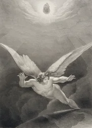 Satanás pula sobre as paredes do céu, de uma edição francesa de &39;Paradise Lost&39;, de John Milton (1608-74), gravada por Nyon, publicada em 1868