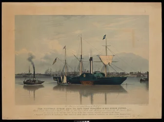 Esta placa, a partir de uma pintura original de Ward, do navio a vapor Victoria, de 1200 toneladas de peso e 400 cavalos de potência... lançado em 20 de junho de 1837... (água-tinta, cor, cartão)