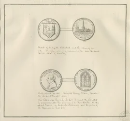 Lichfield - Medalhas da Catedral de Lichfield e das Armas da Cidade, e um retrato de Richard Greene: desenho a caneta, sd [início do século 19] (desenho)