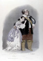 Giulia Grisi e Luigi Lablache no 3º ato de "Os Puritanos" (I puiritani) de Vincenzo Bellini. Litografia de R. J. Lane. 1835