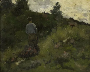 Um agricultor a caminhar na orla de um bosque