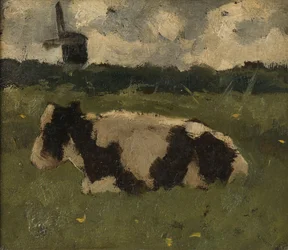Vaca em repouso com um moinho