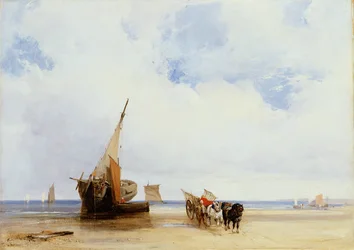Embarcações encalhadas e uma carroça perto de Trouville, c.1825 (óleo sobre tela)