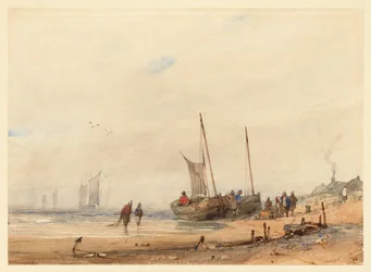 Costa com barcos encalhados e figuras