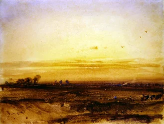 Paisagem com ceifeiras ao pôr-do-sol
