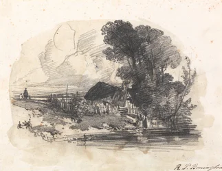 Árvores e uma casa de campo junto a um rio