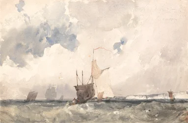 Embarcações em um mar agitado (aquarela com riscos no papel)