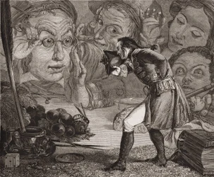As viagens do Jonathan Swift Gulliver. Gulliver exibiu em uma mesa para a admiração dos habitantes de Brobdingnag. Gravura em Redgrave.