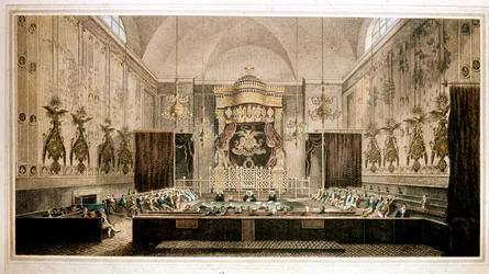 Vista da Câmara dos Lordes, Câmara Alta do Parlamento da Grã-Bretanha. Gravura de Rothwell. Galeria Parker do século XIX, Londres