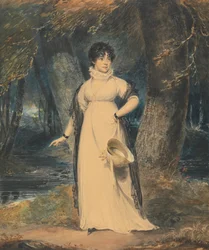 Uma Paisagem com um Retrato de uma Dama, de comprimento total, segurando um chapéu