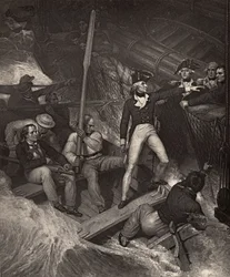 Tenente Nelson voluntariado para embarcar em um prêmio em vendaval violento, ilustração de &39;The Life of Nelson&39; por Robert Southey (1774-1843) publicado pela primeira vez em 1813