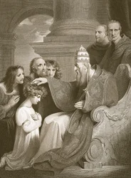 Príncipe Alfred antes do Papa Leão, o III, gravado por J. Stow, ilustração de David Hume "A História da Inglaterra", pub. por R. Bowyer, Londres, 1812
