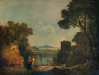 Paisagem do rio italiano com uma ponte quebrada, c1779, 1938