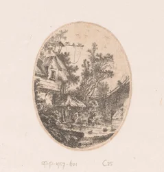 Vista de um rio onde as mulheres lavam a roupa Coleção de vistas, paisagens, fragmentos antigos e temas históricos (título da série) Recueil de griffonis, de vues, paysages, fragments antiques et sujets historiques (título da série)