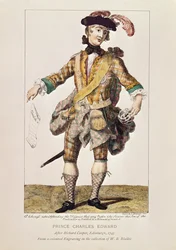Impressão satírica na forma de um "cartaz de procurado" para o príncipe Charles Edward Stuart, 1745 (gravura colorida)