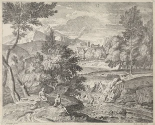 Paisagem Arcadian com duas figuras por uma cachoeira