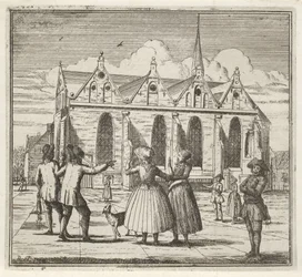 Homens e mulheres em uma praça perto do Grote Kerk em Leeuwarden O inverno. (título da série) Cenas de inverno (título da série)