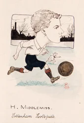 Bert Middlemiss, Tottenham Hotspur, desenho para um conjunto de cartões de cigarro, 1907 (caneta e tinta no cartão)