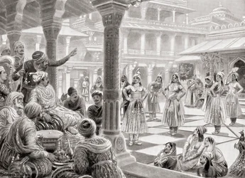 Akbar jogando pachisi ou chaupur com peças ao vivo no Fatehpur Sikri em 1575, de Hutchinson