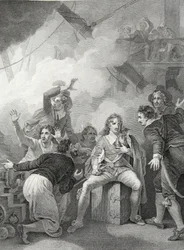 Earl Sandwich recusando-se a deixar seu navio em chamas, na Batalha de Sole Bay, gravada por W. Byrne, ilustração de 