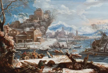 Uma paisagem alpina com figuras a apanhar lenha, com porcos em primeiro plano (óleo sobre tela)