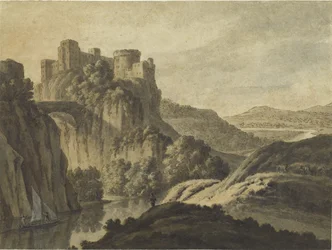 Uma paisagem do rio com um castelo em uma escarpa, 1780