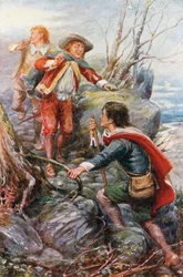 Christian encontra Timorous na colina Dificuldade (litografia a cores)