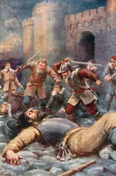 Os Peregrinos destroem o Castelo das Dúvidas (litografia a cores)