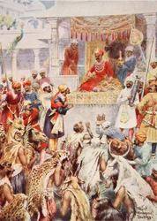 O Khan Jhan mostra Akbar os seus príncipes cativos, ilustração de "Hutchinsons History of the Nations", c.1910 (cor litho)