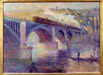 Le pont aux Anglais, Pinturas ao pôr-do-sol de Robert Pinchon (1886-1943) Sol do século XX. 0,52x0,73 m Rouen, Musee des Beaux Arts