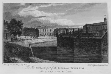 A Nova Casa da Moeda, com parte da Torre, e o Morro da Torre (gravura)