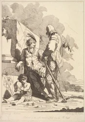 Dois soldados e criança segurando um capacete, 19 de julho de 1779.