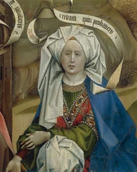 Detalhe representando a mulher da Natividade, por Mestre de Flemalle Robert Campin (1375/1379-1444), óleo sobre painel, cerca de 1420