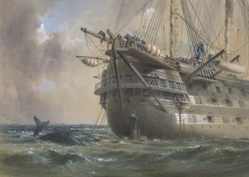 H.M.S. Agamenon colocando o cabo telegráfico do Atlântico em 1858: uma baleia cruza a linha, 1865-66.