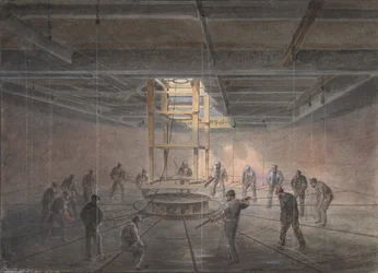 Interior de um dos tanques a bordo do Great Eastern: o cabo passando, 1865-66.