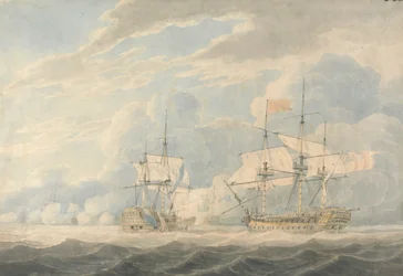 O Vice-Almirante holandês sob o Almirante De Winter a bater a sua bandeira ao Vice-Almirante inglês Onslow sob o Almirante Duncan na Batalha de Camperdown, 11 de Outubro de 1797