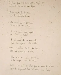 O gato que é como nada na terra, página manuscrita da coleção de poemas "La Menagerie de Tristan", de Robert Desnos.