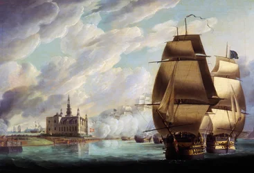 Nelson Forcing Passage of Sound, 30 de Março de 1801, antes da Batalha de Copenhaga, por R. Dodd, óleo sobre tela, 61x91,4 cm, Reino Unido