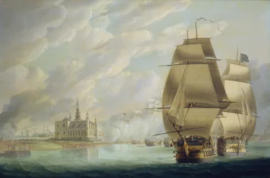 Nelson a forçar a passagem do canal, 30 de março de 1801, antes da Batalha de Copenhaga
