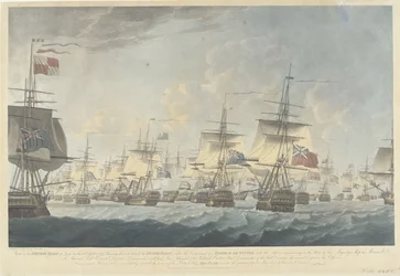 Slag bij Kamperduin (1797): aanval door de Britse vloot
Vista da Frota Britânica ao meio-dia de 11 de Outubro de 1797, Bearing down to attack the Dutch Fleet (...) (título sobre o objecto)