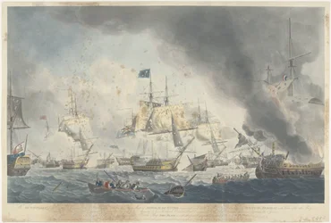Slag bij Kamperduin (1797): nederlaag van de Bataafse vloot
A frota holandesa derrotada na Tarde de 11 de Outubro de 1797, a mostrar o Navio Bandeira do Almirante De Winter desmascarado (...) (título sobre o objecto)