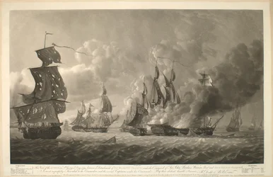 Esta Vista da ACÇÃO no dia de S. Jorge de 1794, entre um Destacamento das FRIGORÍFICAS de SUA MAJESTADE, sob o Comando de Sir John Borlase Warren Bar, e QUATRO FRIGORÍFICAS FRANCESAS, é muito respeitosamente Inscrita ao Comodoro, e aos vários Capitães sob