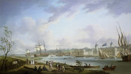 Vista de Greenwich, descrição do Tamisa e das actividades nas suas margens, bem como da navegação fluvial, sujeita à importância das marés. Óleo sobre tela