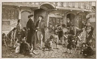 A origem das Escolas Dominicais: Hare Lane, Gloucester, 1780, ilustração de "A Igreja da Inglaterra: Uma História para o Povo" de HDM Spence-Jones, pub. c.1910 (foto sépia)