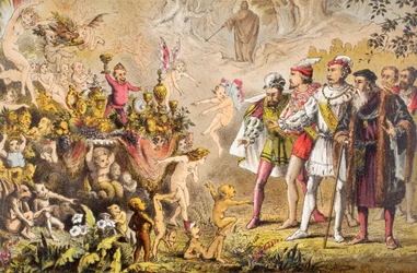 Alonso fala em A Tempestade, Ato III, Cena III, "Heavens, what were these", de "The Illustrated Library Shakespeare", publicado em Londres em 1890 (litografia a cores)
