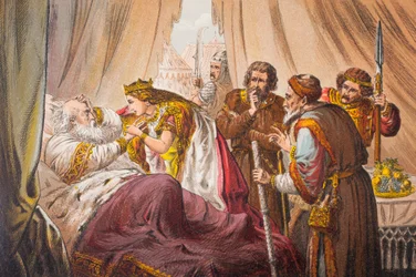 Cordélia fala em Rei Lear, Ato IV, Cena VII, "Sir, do you know me", de "The Illustrated Library Shakespeare", publicada em Londres em 1890 (litografia)