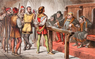 Dogberry fala em Much Ado About Nothing, Ato IV, Cena II: "Escreva que eles esperam servir a Deus; e escreva Deus primeiro: pois Deus defende mas Deus deve ir antes de tais vilões", de "The Illustrated Library Shakespeare", publicado em Londres em 1890 (co