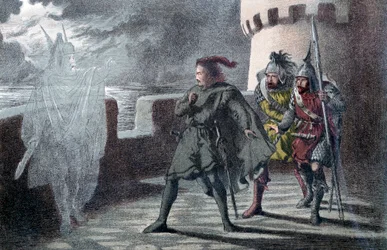 Hamlet vendo o pai fantasma nas ameias do castelo Elsinore