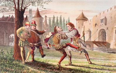 Sebastião fala em Twelfth Night, Ato IV, Cena I, "Why! Ali está para ti! E ali! E ali!", de "The Illustrated Library Shakespeare", publicado em Londres em 1890 (litografia a cores)