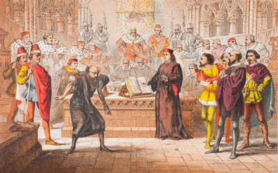 Shylock fala em O Mercador de Veneza, Ato IV, Cena I, "Is that the law", de "The Illustrated Library Shakespeare", publicado em Londres em 1890 (litografia a cores)